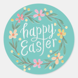 Geïllustreerde lentekrans met opschrift Happy East Ronde Sticker