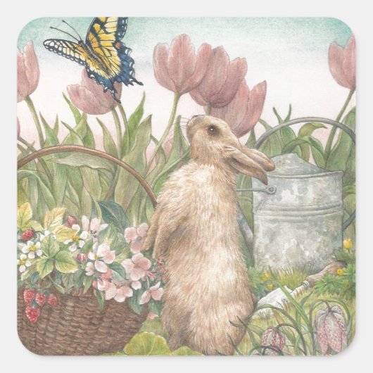 Geïllustreerde lentekweker in de tuin vierkante sticker (Voorkant)