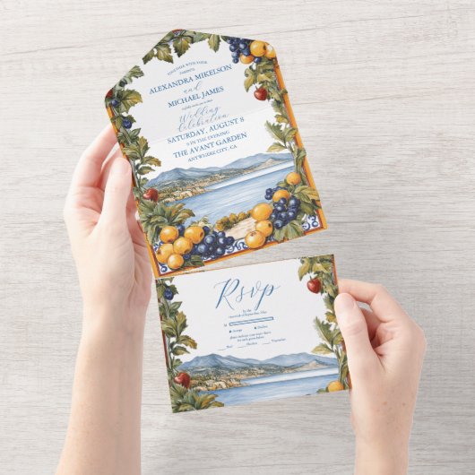 Geïllustreerde mediterrane bruiloft all in one uitnodiging (Afscheurbaar)