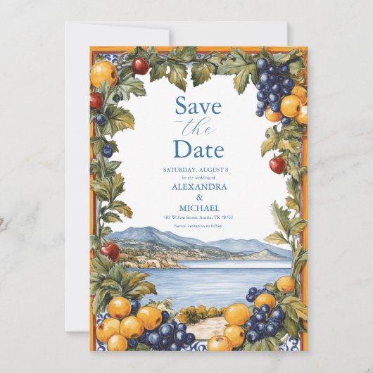 Geïllustreerde mediterrane bruiloft save the date (Voorkant)