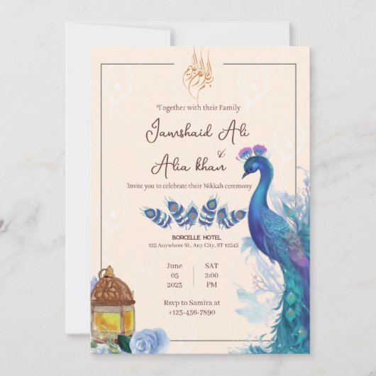 geïllustreerde moslim pauw Nikkah uitnodigingskaar Kaart (Voorkant)