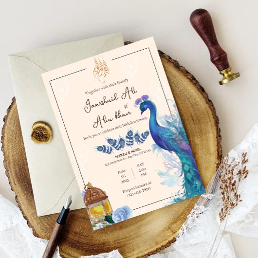 geïllustreerde moslim pauw Nikkah uitnodigingskaar Kaart