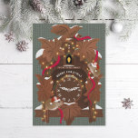 Geïllustreerde muizen op kerst koekoeksklok feestdagenkaart<br><div class="desc">Originele illustratie van een muizen die een koekoeksklok versieren. Bewerkbare begroeting; voeg uw eigen bericht of foto toe aan de achterkant.</div>