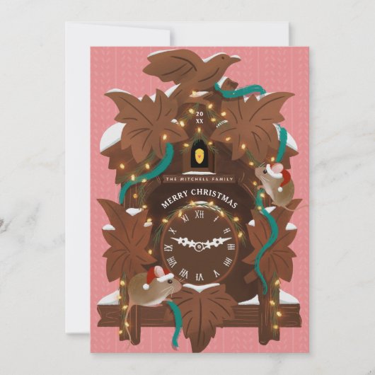 Geïllustreerde muizen op kerst koekoeksklok roze feestdagenkaart (Voorkant)