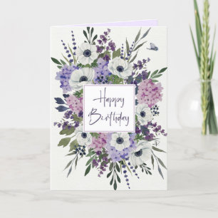 Geïllustreerde paarse mauve waterverf bloemenkaart bedankkaart