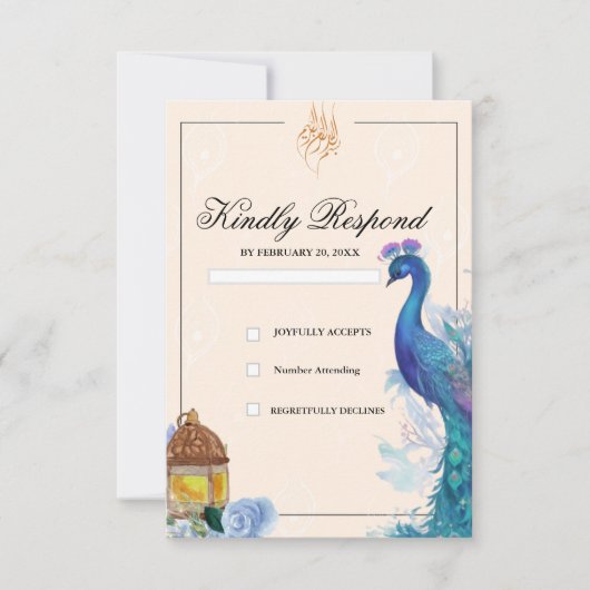 Geïllustreerde Peacock Arabische Moslim RSVP kaart (Voorkant)