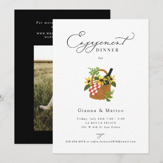 Geïllustreerde picknickmand Verloving Dinner Party Kaart (Voorkant / Achterkant)