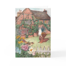 Geïllustreerde plattelandshuisjetuin met vogels