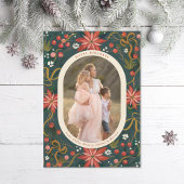 Geïllustreerde Poinsettias Gold Ribbon Foto Feestdagenkaart