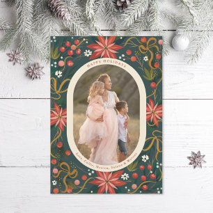 Geïllustreerde Poinsettias Gold Ribbon Foto Feestdagenkaart