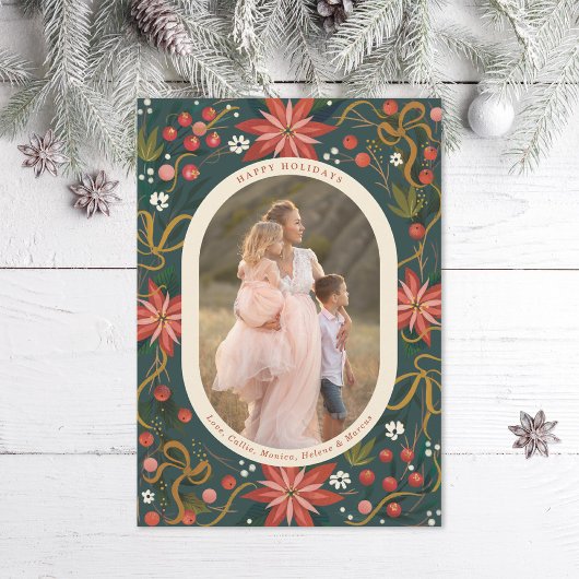 Geïllustreerde Poinsettias Gold Ribbon Foto Feestdagenkaart