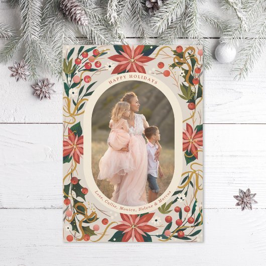 Geïllustreerde Poinsettias Gold Ribbon Foto Feestdagenkaart