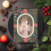 Geïllustreerde Poinsettias Gold Ribbon Foto Feestdagenkaart