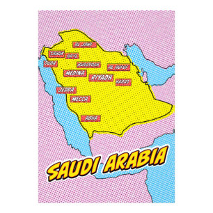 Geïllustreerde Pop Art kaart van Saudi-Arabië Foto Afdruk