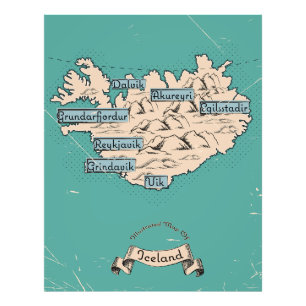 Geïllustreerde reiskaart IJsland Foto Afdruk