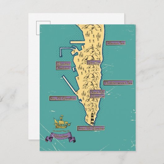 Geïllustreerde reiskaart van Gibraltar Uitnodiging Briefkaart (Voorkant / Achterkant)