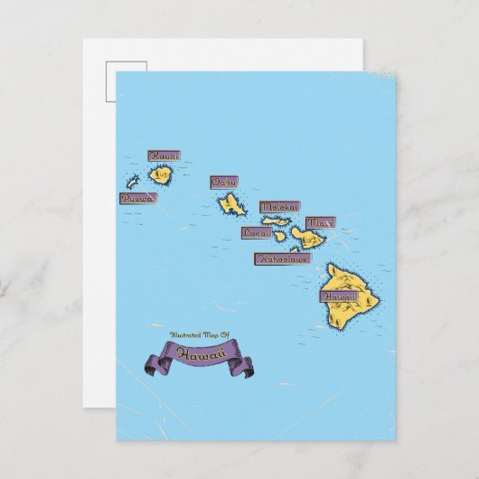 Geïllustreerde reiskaart van Hawaï Uitnodiging Briefkaart (Voorkant / Achterkant)