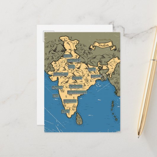 Geïllustreerde reiskaart van India Aankondigingskaart (Voorkant / Achterkant in situ)