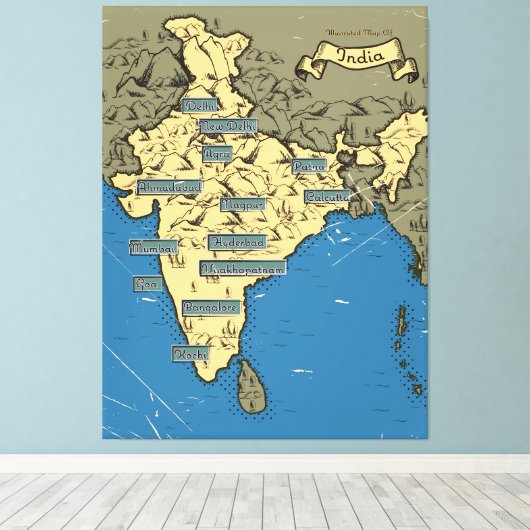 Geïllustreerde reiskaart van India Canvas Afdruk (Insitu (Houten vloer))