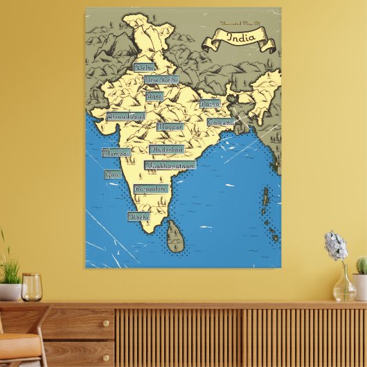 Geïllustreerde reiskaart van India Canvas Afdruk (Insitu (Woonkamer))