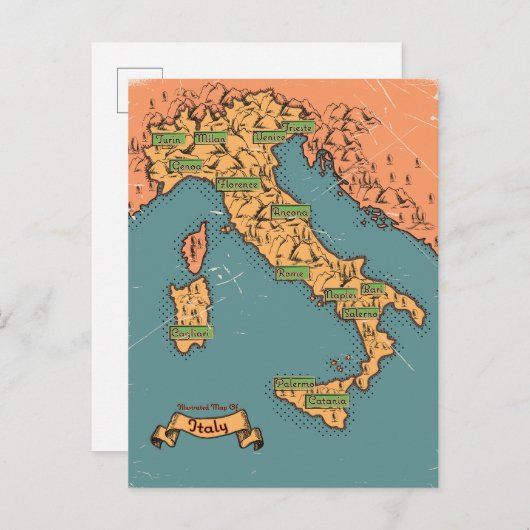 Geïllustreerde reiskaart van Italië Uitnodiging Briefkaart (Voorkant / Achterkant)