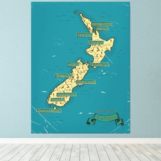 Geïllustreerde reiskaart van Nieuw-Zeeland Canvas Afdruk (Insitu (Houten vloer))