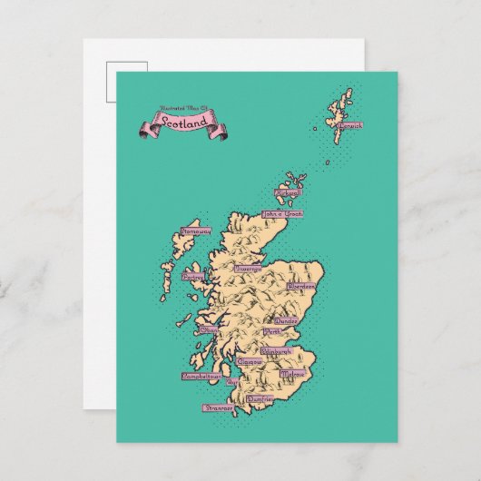 Geïllustreerde reiskaart van Schotland (Blauwgroen Uitnodiging Briefkaart (Voorkant / Achterkant)