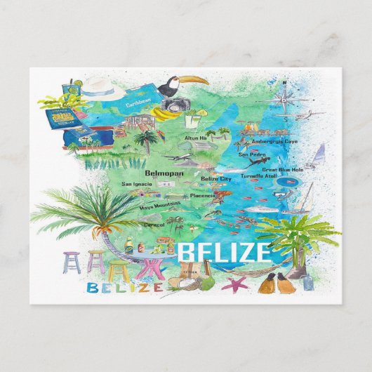 Geïllustreerde reisplattegrond van Belize Caribbea Briefkaart (Voorkant)