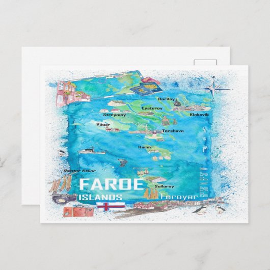 Geïllustreerde reisplattegrond van de Faeröer  Briefkaart (Voorkant / Achterkant)