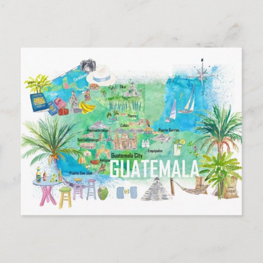 Geïllustreerde reisplattegrond van Guatemala met w Briefkaart (Voorkant)
