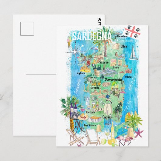 Geïllustreerde reisplattegrond van Sardinië Briefkaart (Voorkant / Achterkant)
