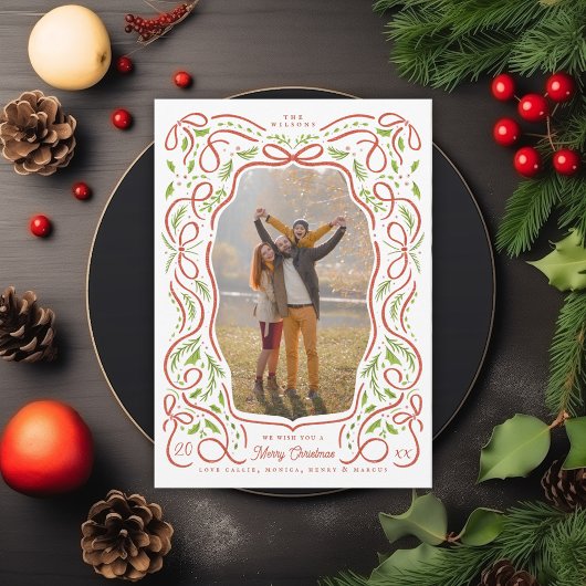 Geïllustreerde rode lint en Holly Christmas Photo Feestdagenkaart