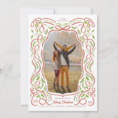 Geïllustreerde rode lint en Holly Christmas Photo Feestdagenkaart (Voorkant)