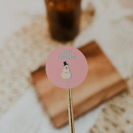  geïllustreerde roze sneeuwman vrolijk kerstfeest ronde sticker