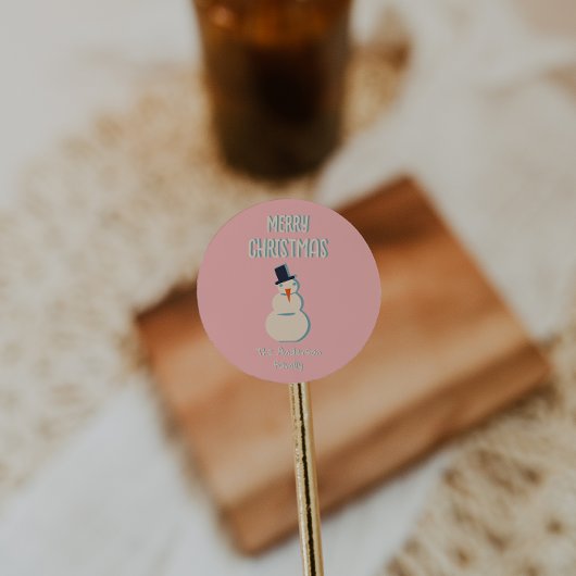  geïllustreerde roze sneeuwman vrolijk kerstfeest ronde sticker