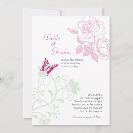 Geïllustreerde Rozen & Butterfly Spring Wedding Kaart (Voorkant)