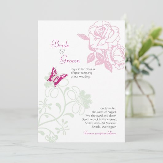 Geïllustreerde Rozen & Butterfly Spring Wedding Kaart (Staand voorkant)