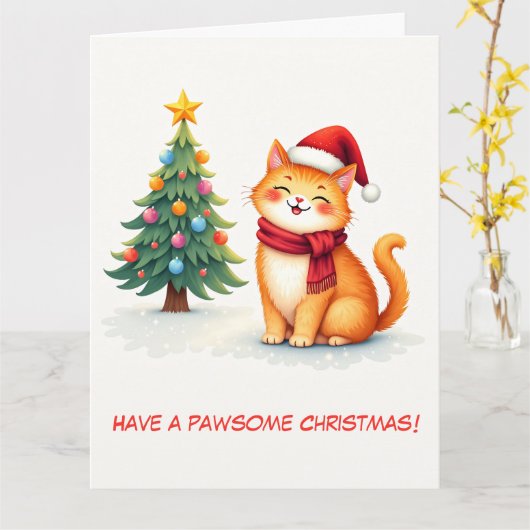 Geïllustreerde Schattigee Oranje kat en kerstboom Kaart (Gele Bloem)