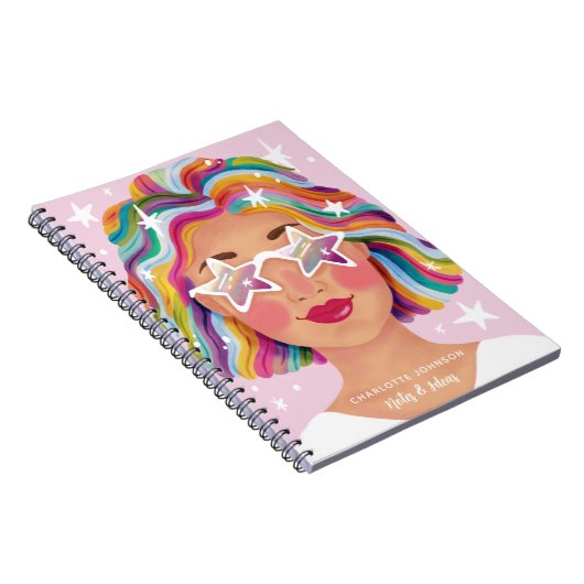 Geïllustreerde Schattigee vrouw meisje Rainbow gep Notitieboek (Rechterzijde)