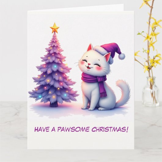 Geïllustreerde Schattigee witte kat en kerstboom Kaart (Gele Bloem)