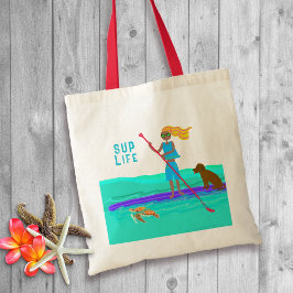 Geïllustreerde Stand Up Paddleboard Meisje Hond Sc Tote Bag