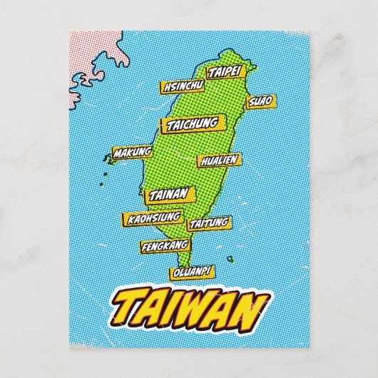 Geïllustreerde Taiwan kaart in Pop Art-stijl (Voorkant)