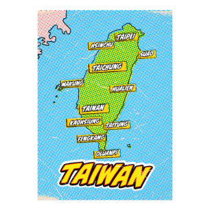 Geïllustreerde Taiwan kaart in Pop Art-stijl Foto Afdruk