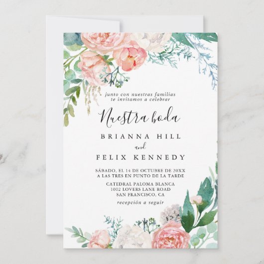 Geïllustreerde tropische bloemen Nuestra Boda brui Kaart (Voorkant)
