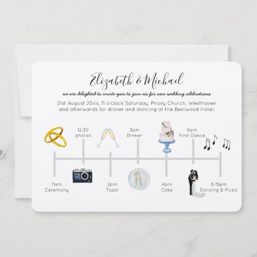 Geïllustreerde Trouwtijdlijn Uitnodiging Icoon Kra (Voorkant)