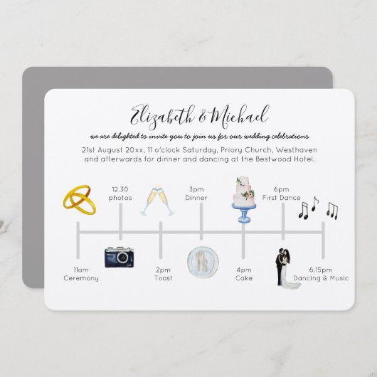 Geïllustreerde Trouwtijdlijn Uitnodiging Icoon Kra (Voorkant / Achterkant)