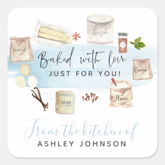 Geïllustreerde Waterverf Gebakken met Liefde Vierkante Sticker (Voorkant)