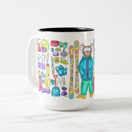 Geïllustreerde Waterverf Skiing Pika Gear Spread Tweekleurige Koffiemok (Voorkant links)