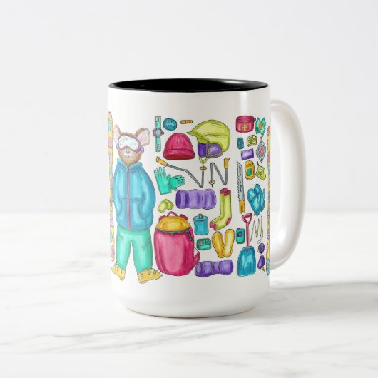 Geïllustreerde Waterverf Skiing Pika Gear Spread Tweekleurige Koffiemok (Voorkant rechts)