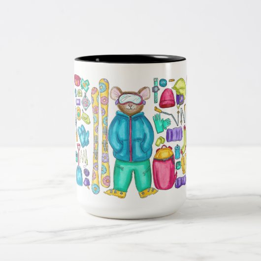 Geïllustreerde Waterverf Skiing Pika Gear Spread Tweekleurige Koffiemok (Center)